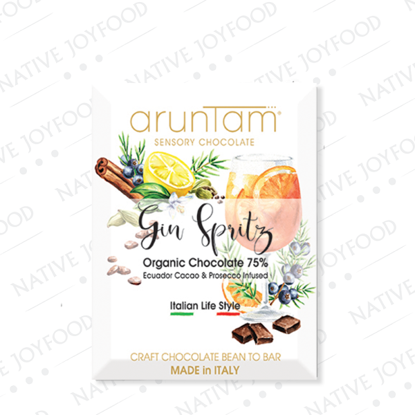 Tavoletta di cioccolato Gin Spritz Aruntam creata con cacao Ecuador e granella di cacao infusa nel prosecco