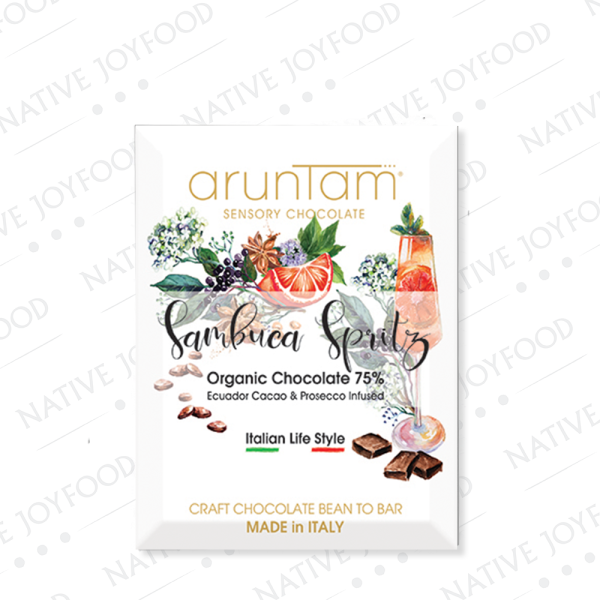 Tavoletta di cioccolato Sambuca Spritz Aruntam creata con cacao Ecuador e granella di cacao infusa nel prosecco