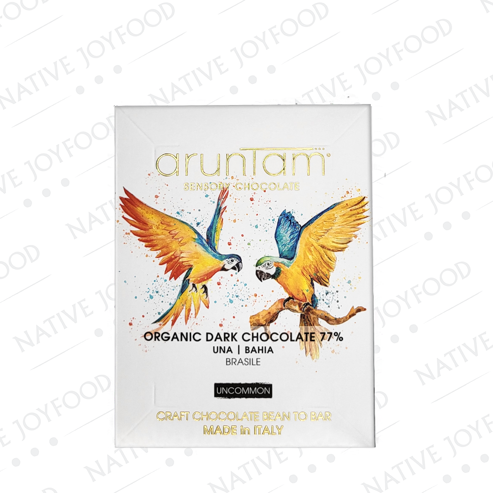 Tavoletta di cioccolato fondente Una Bahia Brasile della collezione Uncommon di Aruntam con disegno di pappagalli