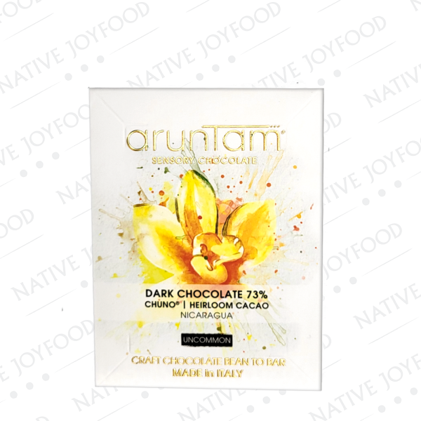 Tavoletta di cioccolato fondente Chuno della collezione Uncommon di Aruntam con disegno di orchidea gialla
