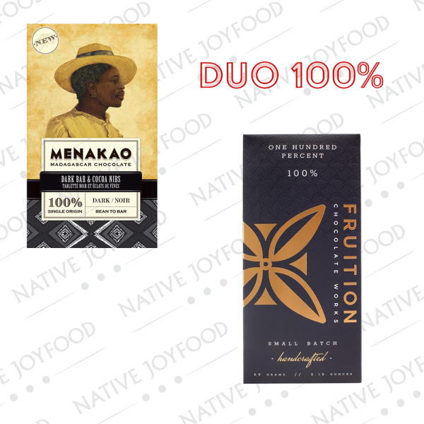 Due tavolette di cioccolato al 100% Menakao e Fruition