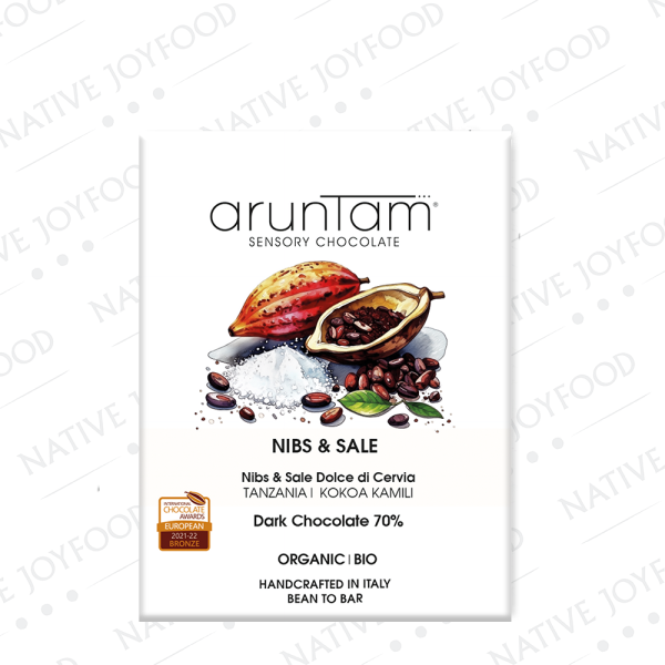 Aruntam Sensory Chocolate Tavoletta di Cioccolato Fondente 70% Nibs & Sale